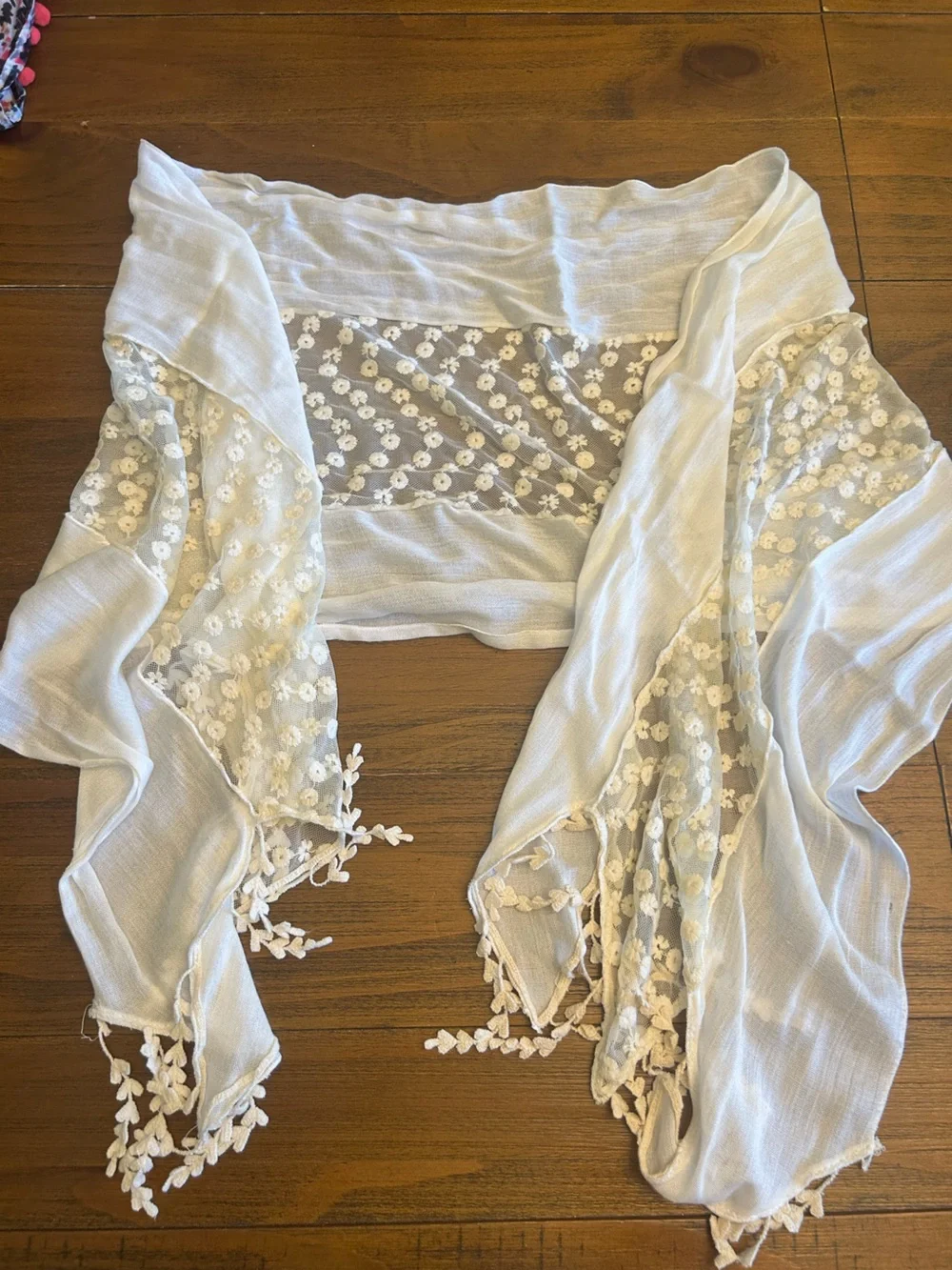 Y2K Boho White Embroidered Floral Lace Tassel Scarf Wrap Shawl